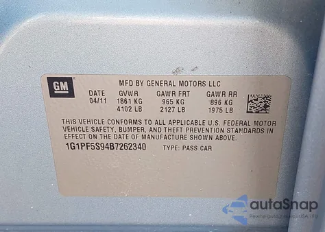 2011 Chevrolet Cruze 1Lt z USA, uszkodzony, nr VIN 1G1PF5S94B7262340